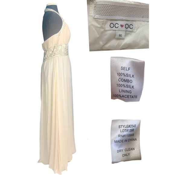 OC by Oleg Cassini Womens Ivory Maxi Halter Evening Gown Dress Silk Beaded 14 - Picture 3 of 13